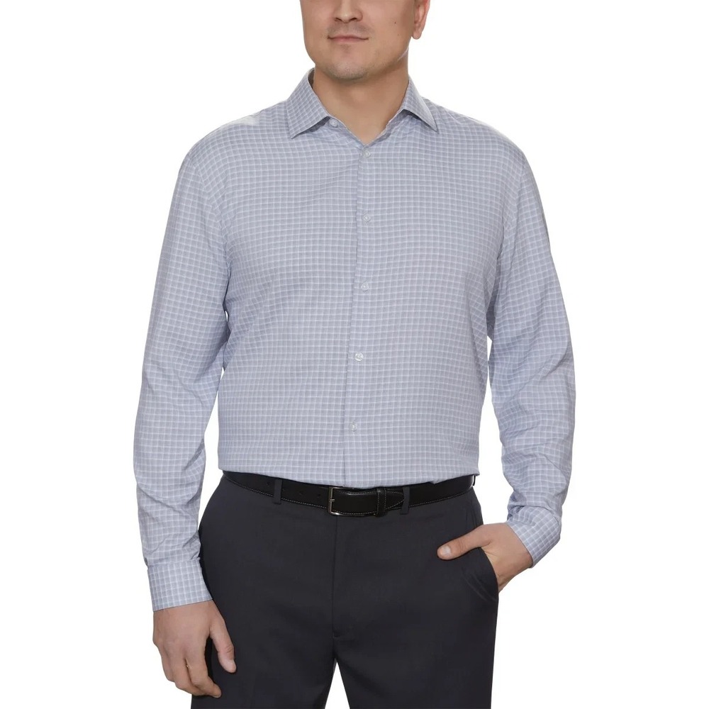 Kenneth Cole Mens Performance Dress Shirt Gray Grid Medium 15-15.5 36/37